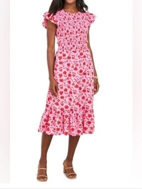 Vineyard Vines Rock Rose Pink Floral Ruffle Smocked Midi Dress M